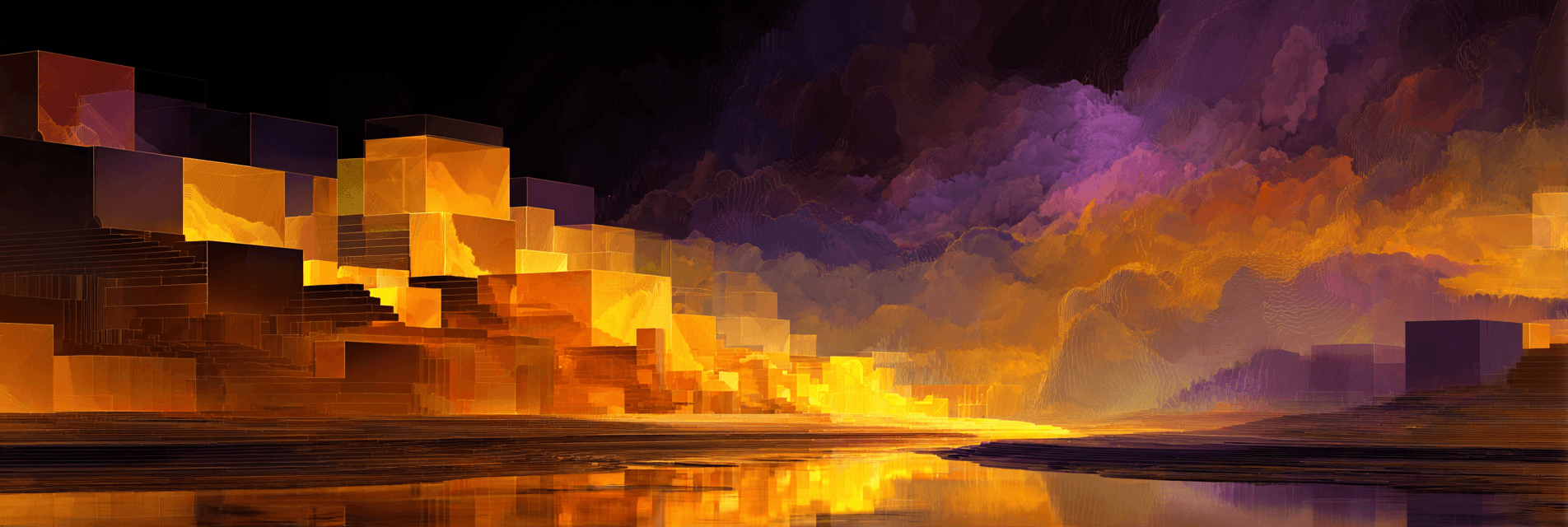 abstractly: stacks of cubes together creating a harmonious structure amidst chaos of crashing waves