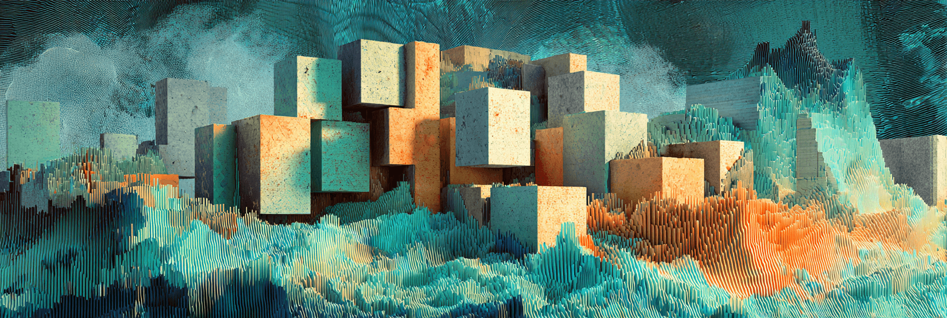 abstractly: stacks of cubes together creating a harmonious structure amidst chaos of crashing waves