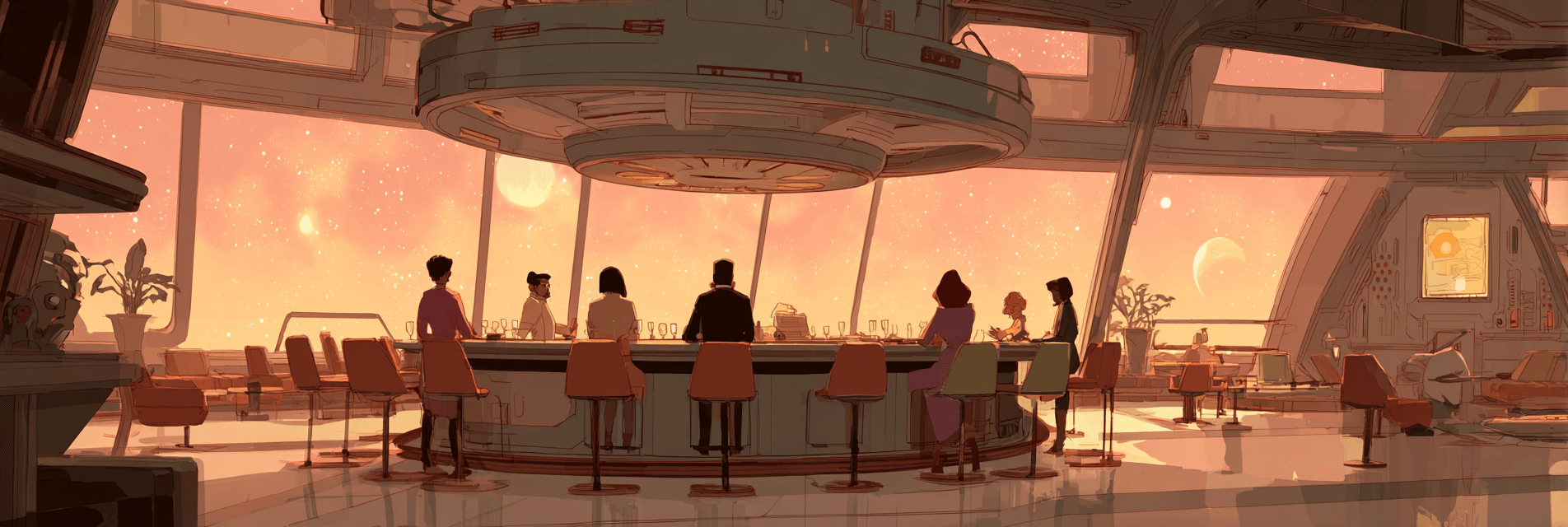 explorers gather around the bar in the lounge of a spaceship, staring off into the universe