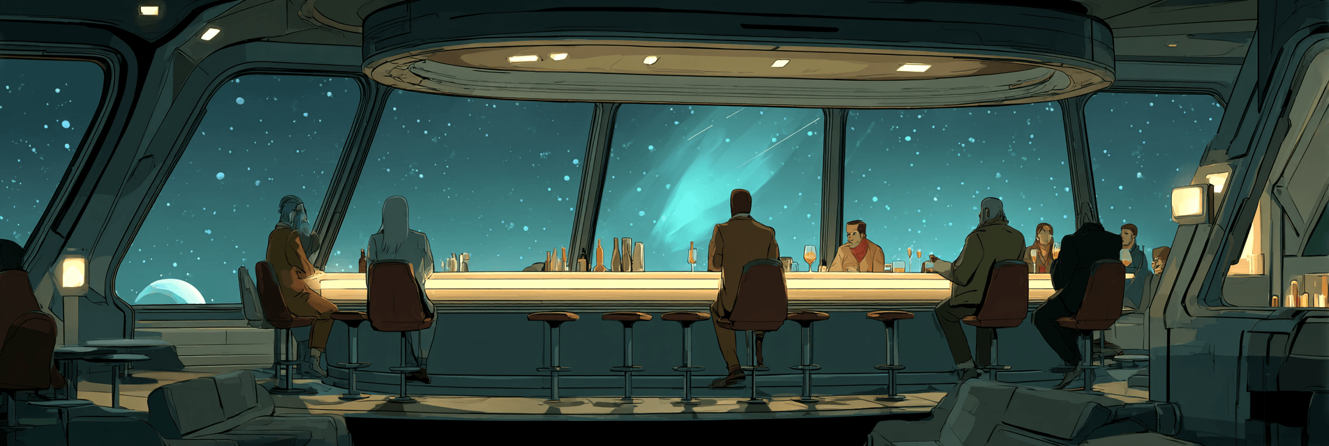 explorers gather around the bar in the lounge of a spaceship, staring off into the universe
