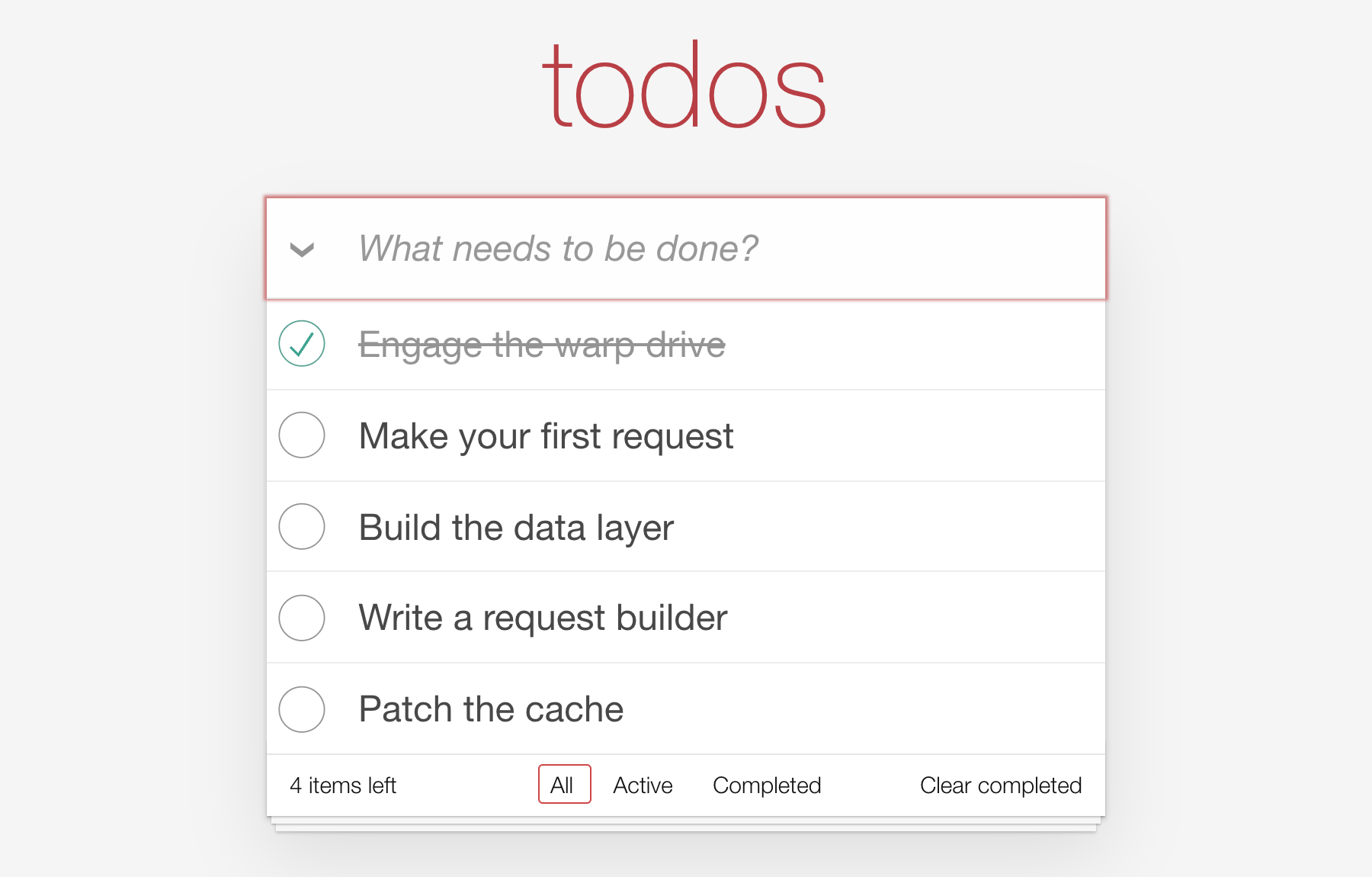 The finished TodoMVC app: three todos, one completed, and a footer that says 2 items left