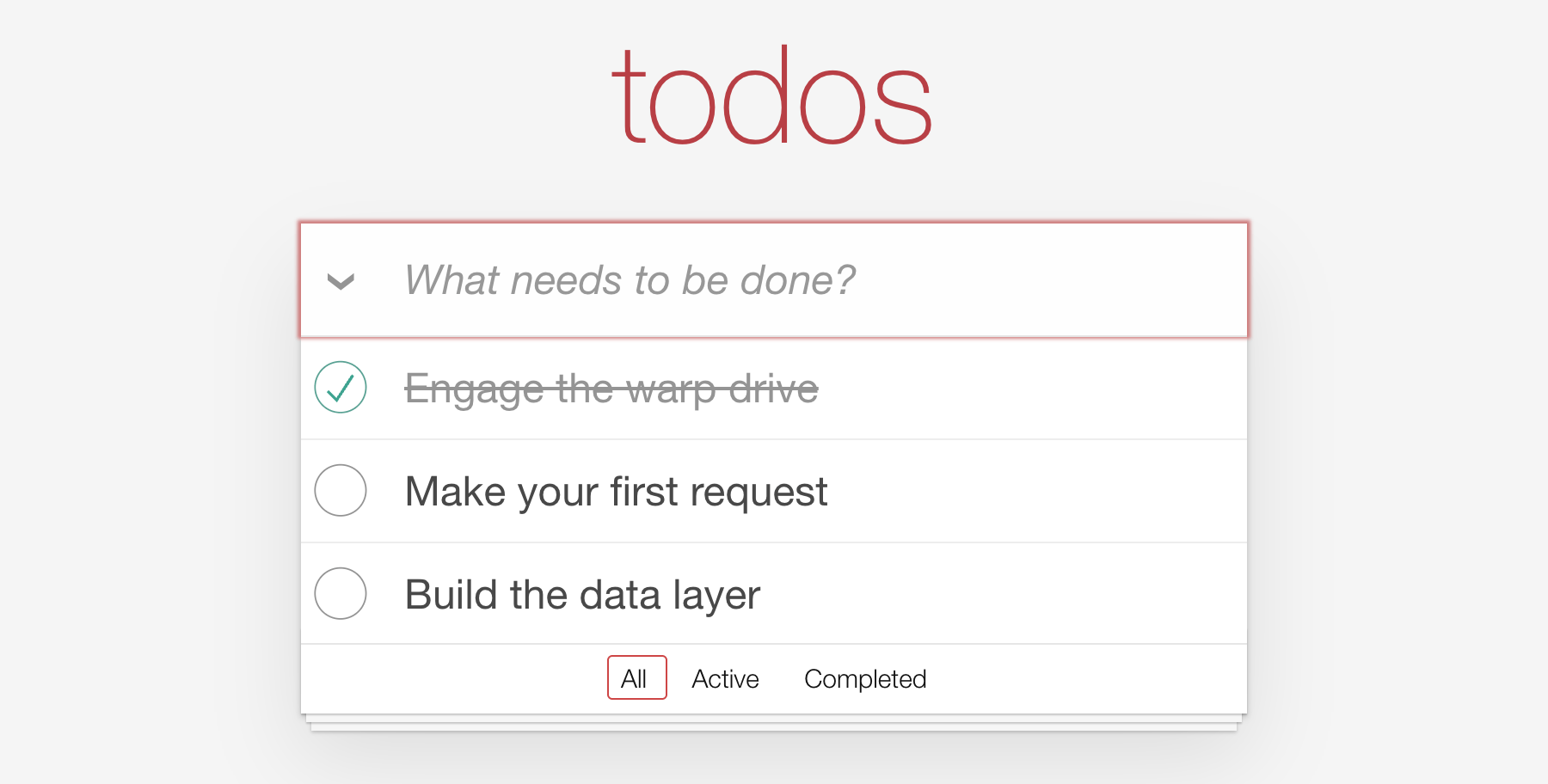 Three todos in the list, over a footer with only the All, Active and Completed filters