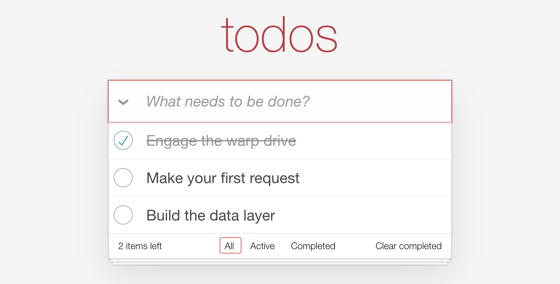 The list with its footer: 2 items left, the All, Active and Completed links, and a Clear completed button