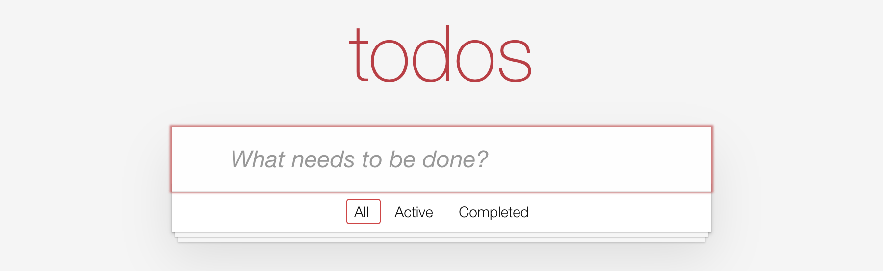 The starter app: the todos header, the new-todo input, and a footer with only the All, Active and Completed filters
