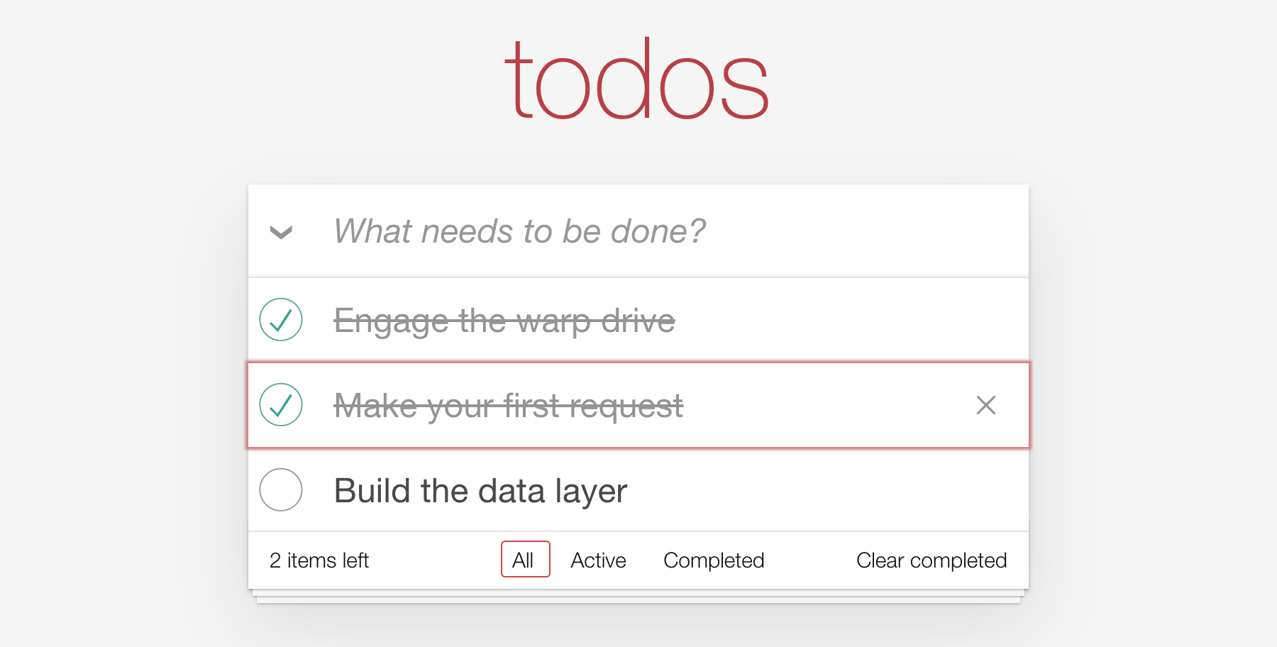 Two todos struck through, but the footer still says 2 items left